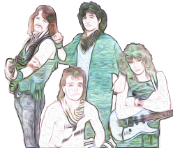 Cartoon drawing of a four piece rock band from the 80's